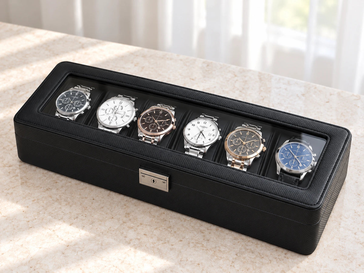 Closed ARX6 glass-lid display with six demonstration watches; watches not included