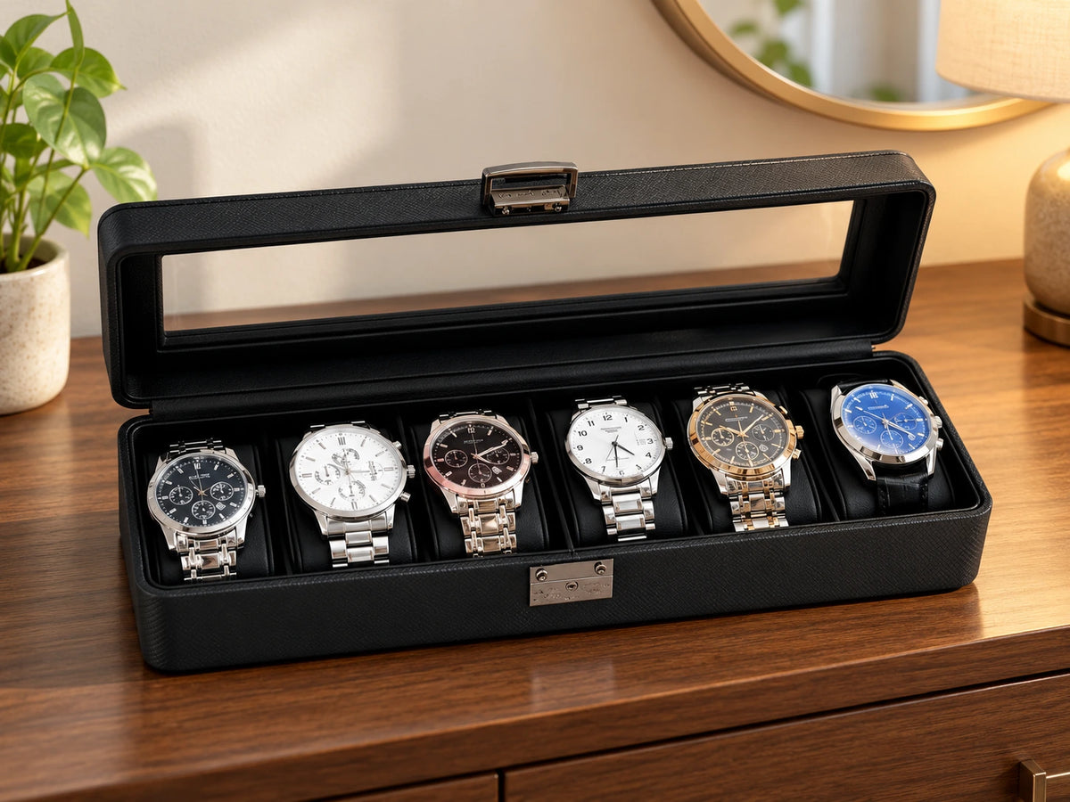 All-black ARX6 displayed open on a walnut dresser; watches not included