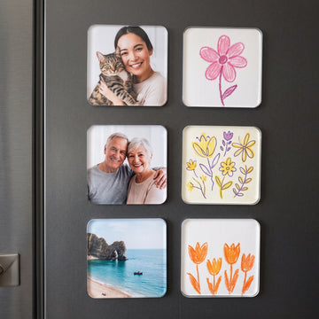 Keepsy DIY acrylic fridge magnet kit with photo and artwork customisation examples on a magnetic fridge