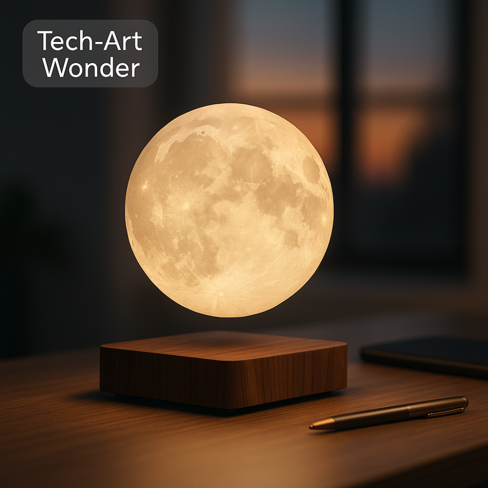 AerLune moon lamp glowing warmly on a dark desk