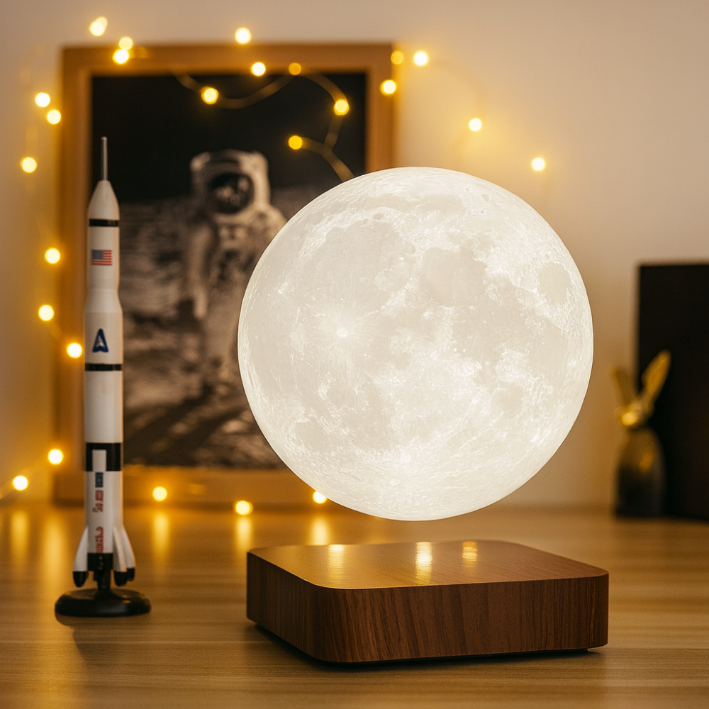 AerLune floating moon lamp on a desk beside space-themed decor