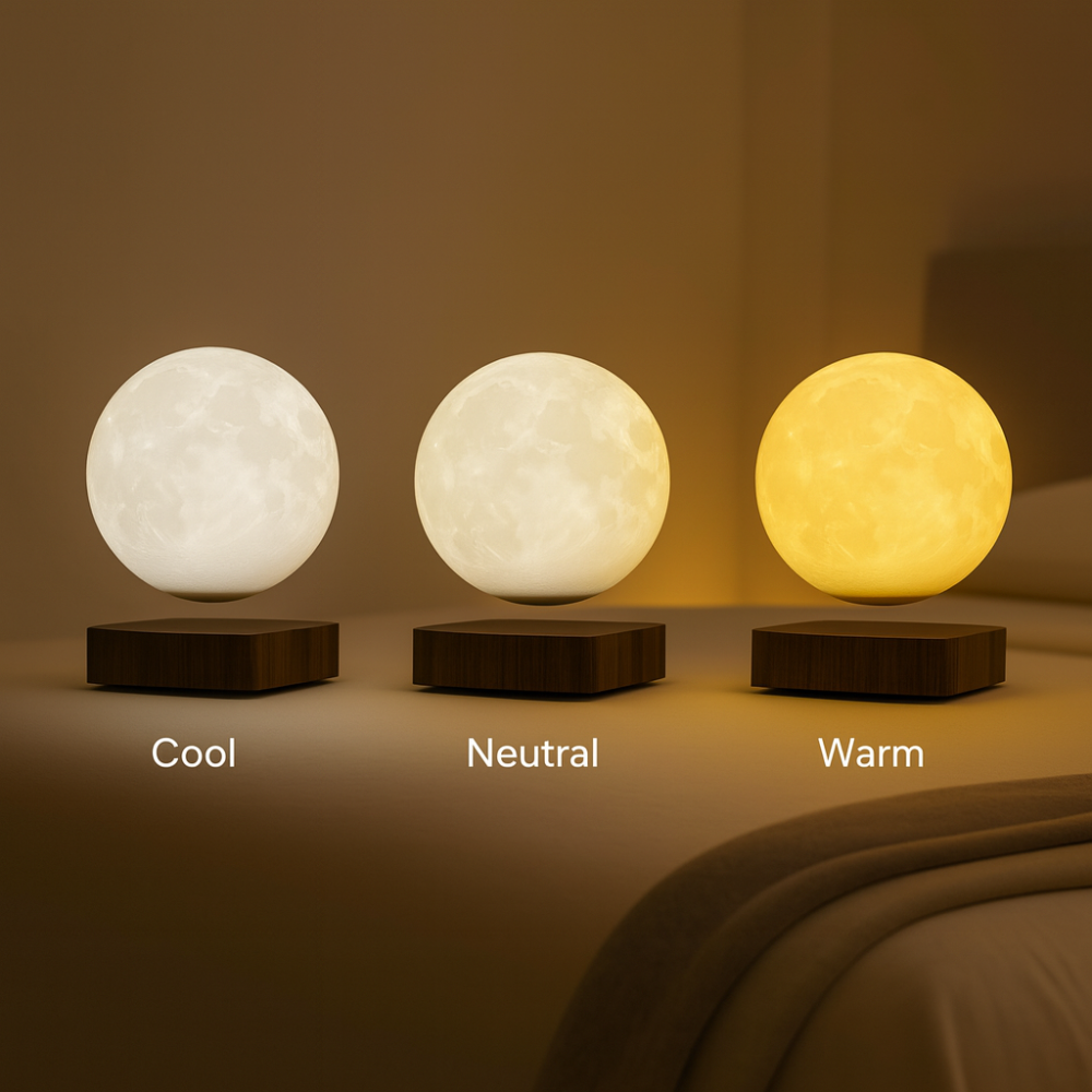 Three AerLune moon lamps showing cool, neutral and warm light
