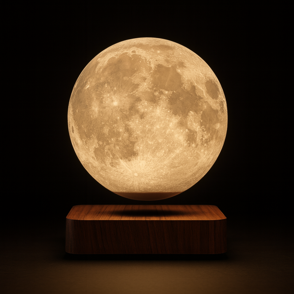 AerLune moon lamp glowing warm amber against a dark background