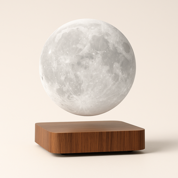 AerLune floating moon lamp levitating above its wood-look base
