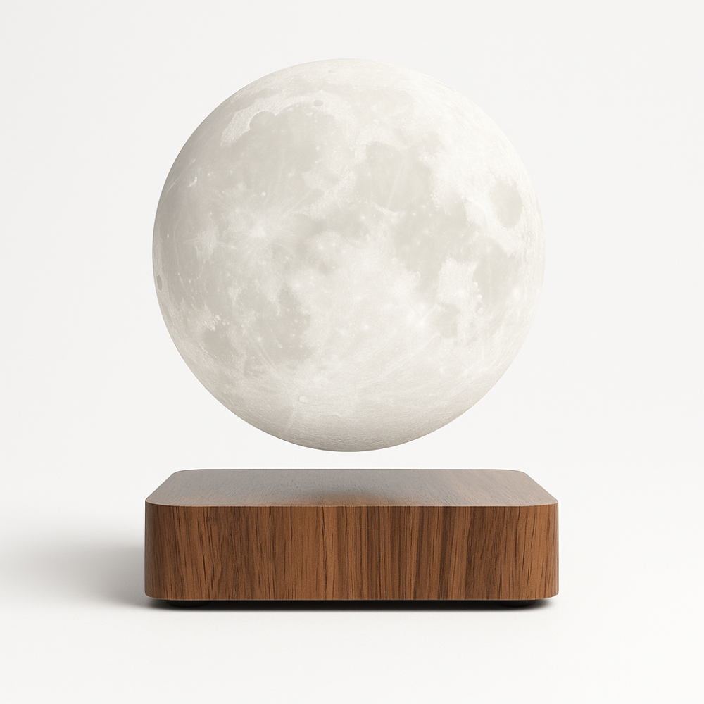 Front view of the AerLune moon lamp floating above its base