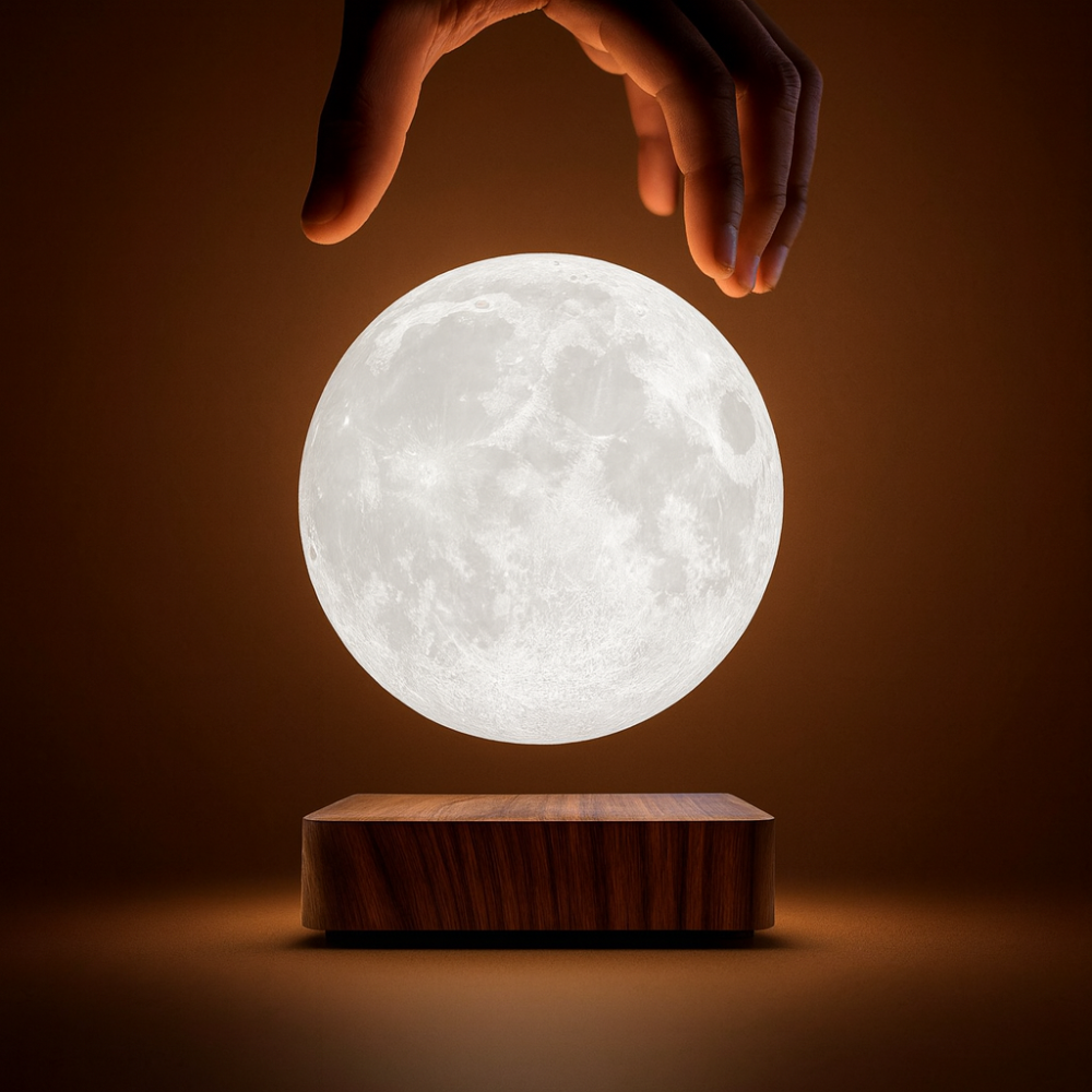 Hand hovering above the levitating AerLune moon lamp