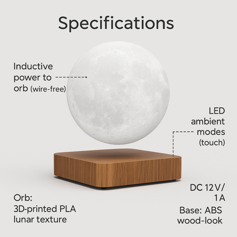 AerLune moon lamp specifications and inductive power diagram