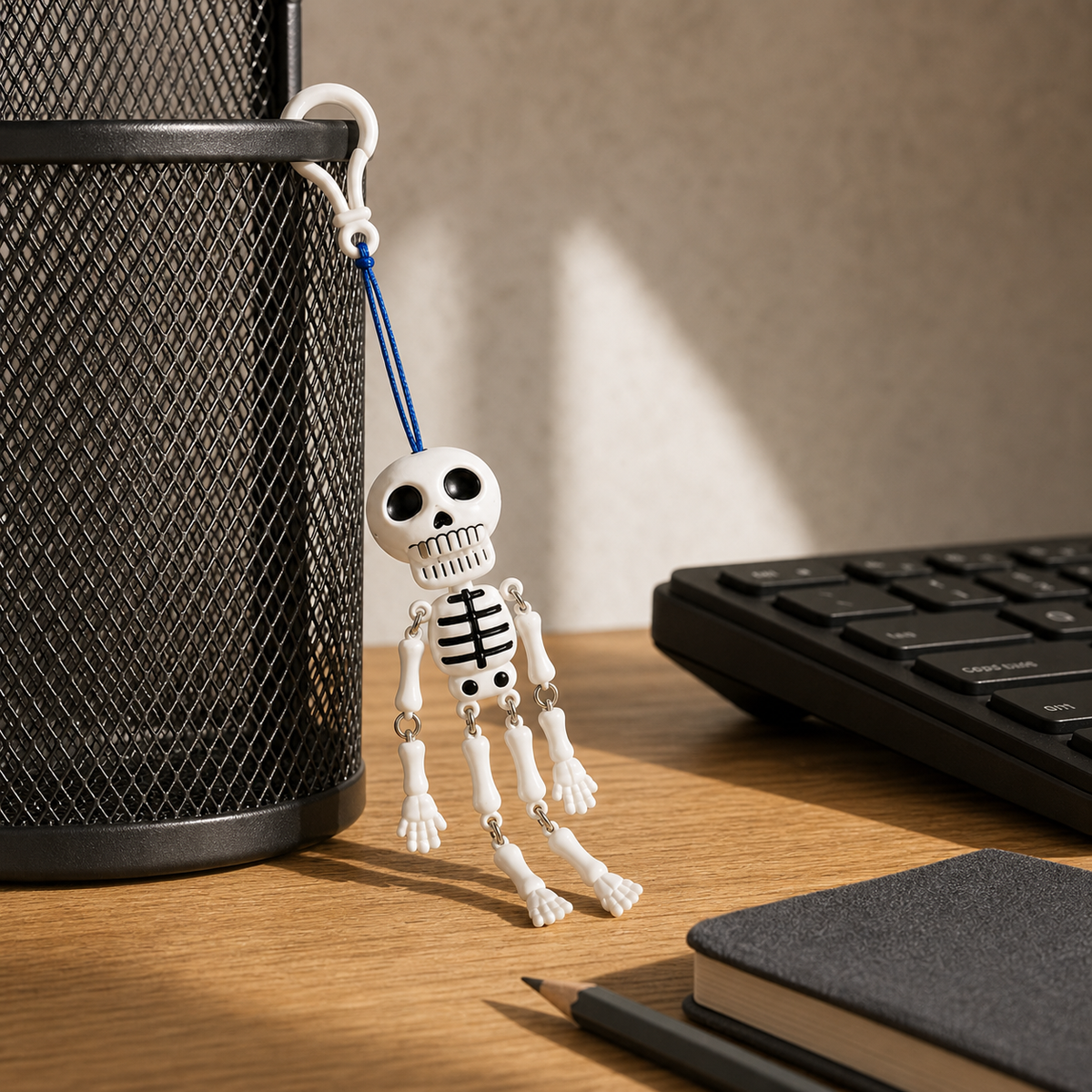 Mr. Bones beside ordinary desk objects