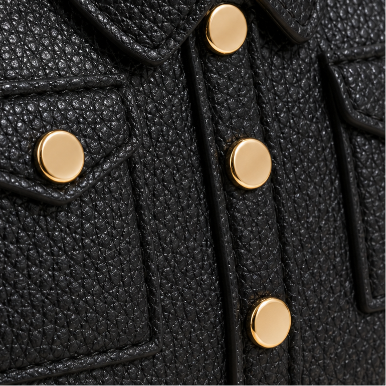Close-up of a black pebbled leather jacket with gold-tone metal snap buttons and flap pockets.