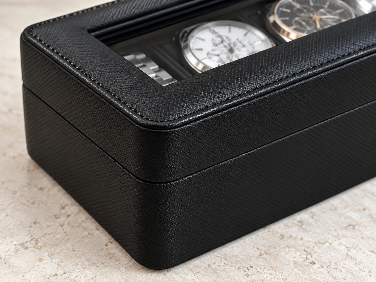 Detail of ARX6 black exterior texture, rounded corner and glass-lid edge