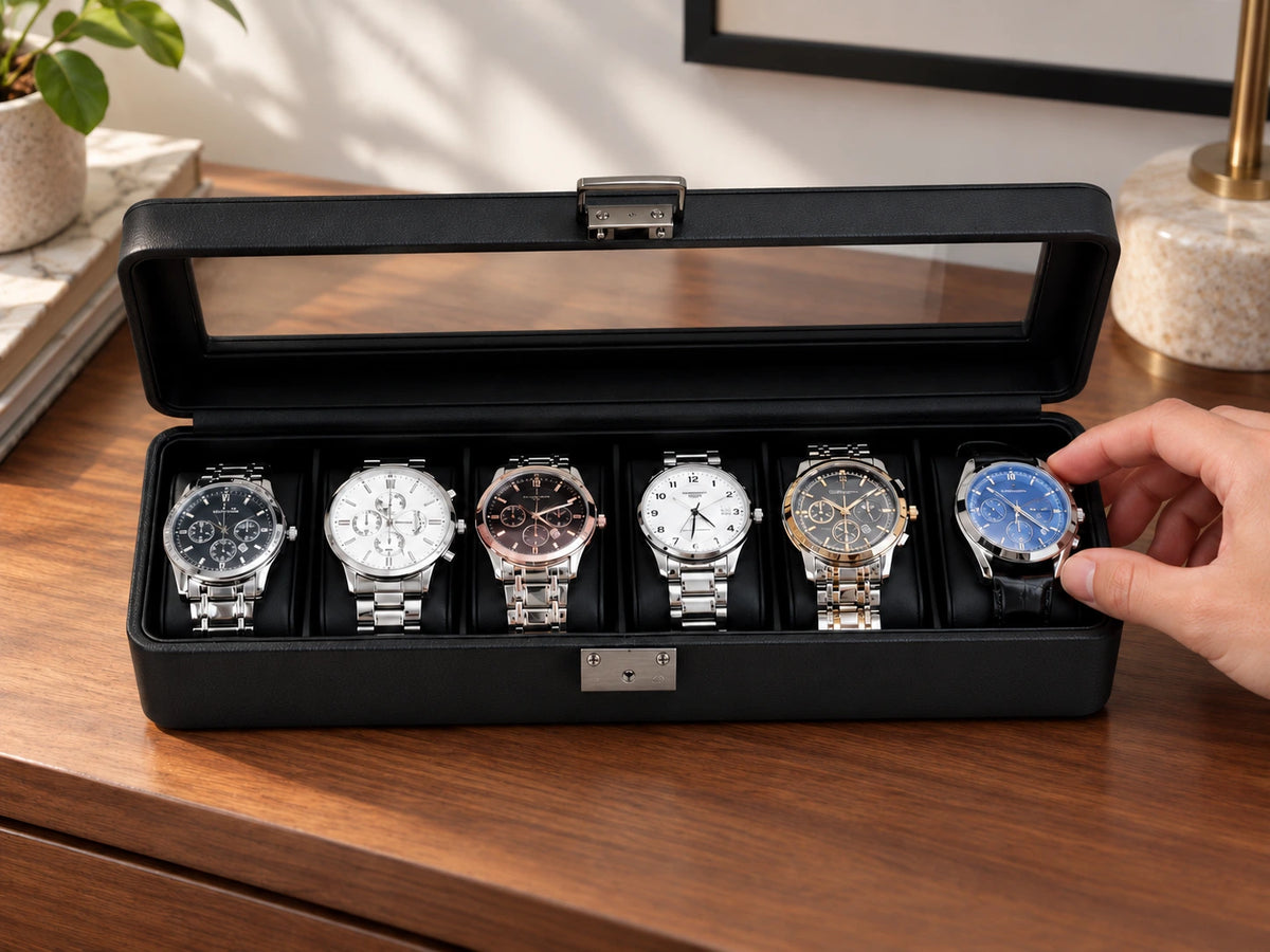Illustrative scene of a hand choosing a watch from the open ARX6 case; watches not included