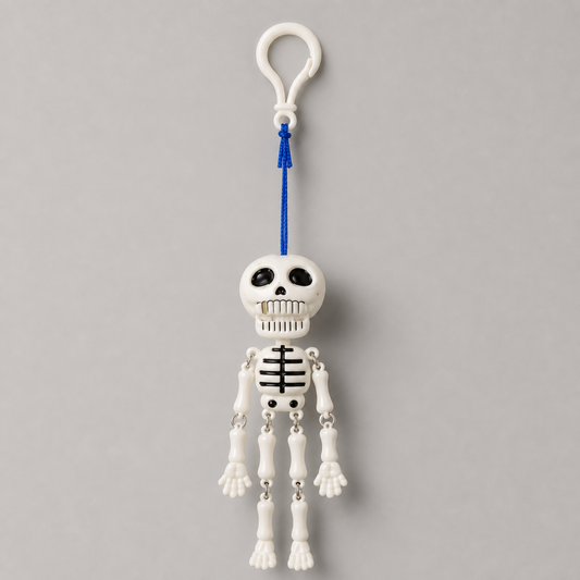 Mr. Bones pull-cord dancing skeleton keychain on a clean white background