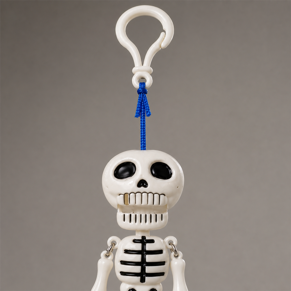 Close-up of the pull cord and moving jaw on Mr. Bones