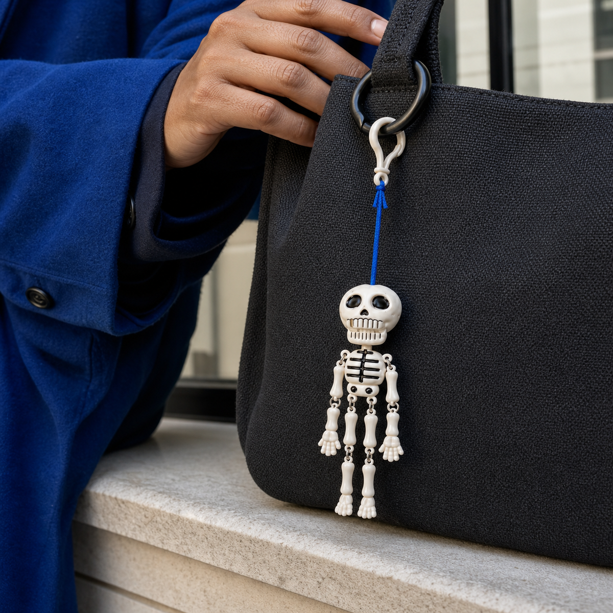 Mr. Bones attached to a bag