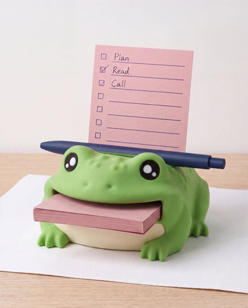 Piplo sticky note holder in use with a pad, pen and stencil-traced checklist