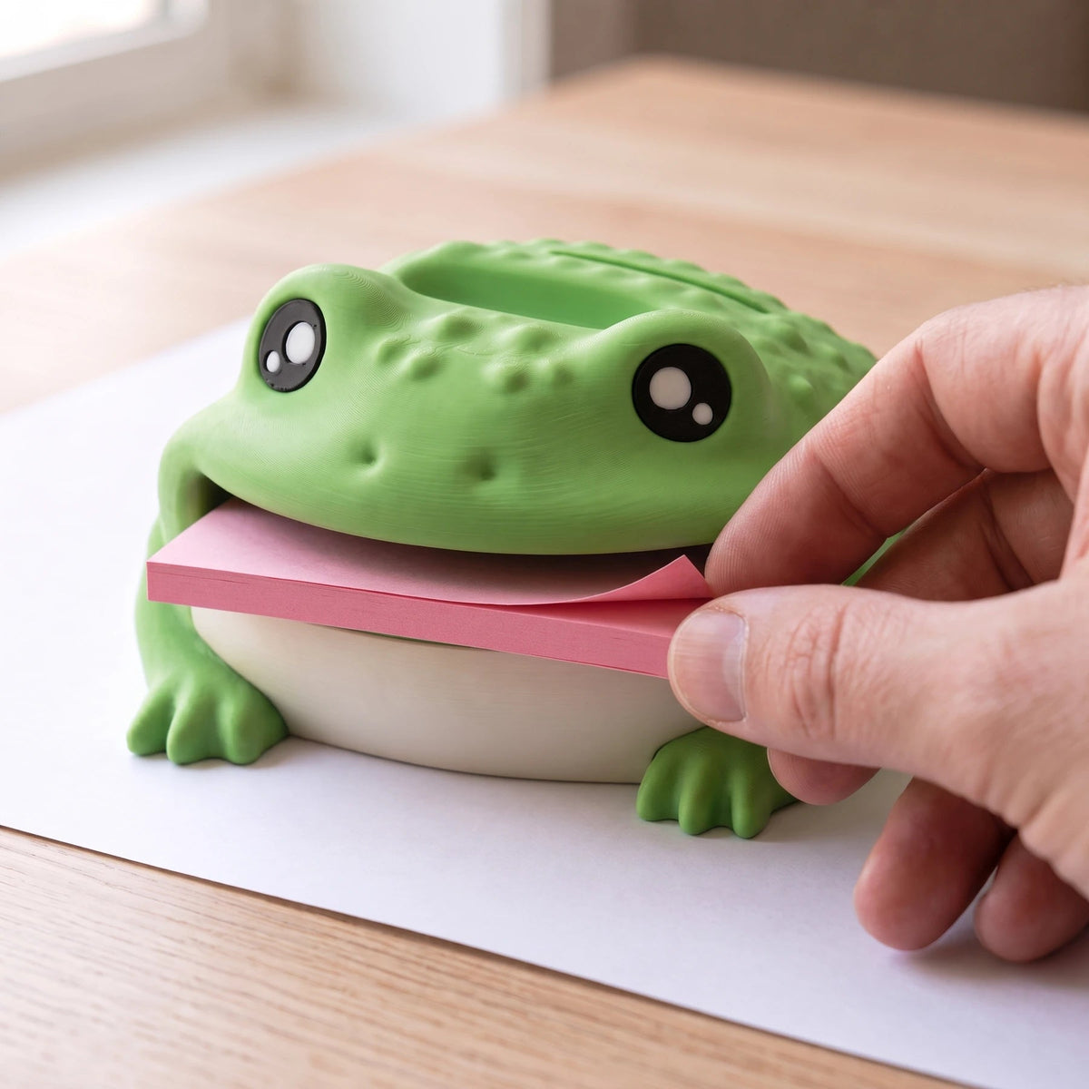 Manually peeling a sticky-note sheet from Piplo’s mouth